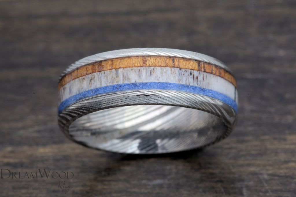 The Azure Expedition - Damascus Steel Ring with Lapis, Antler, and Koa Wood Inlay - DreamWood Custom