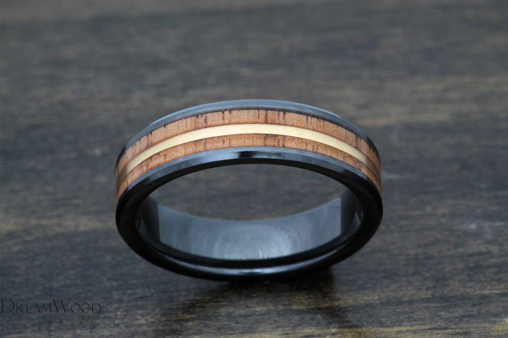 Black Ceramic and Walnut Wood Ring with 14k Gold Inlay - DreamWood Custom