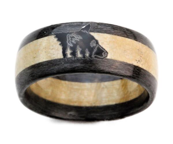 Gray Birds Eye Maple and Curly Maple Wood Bentwood Ring with Custom Engraved Bear - DreamWood Custom