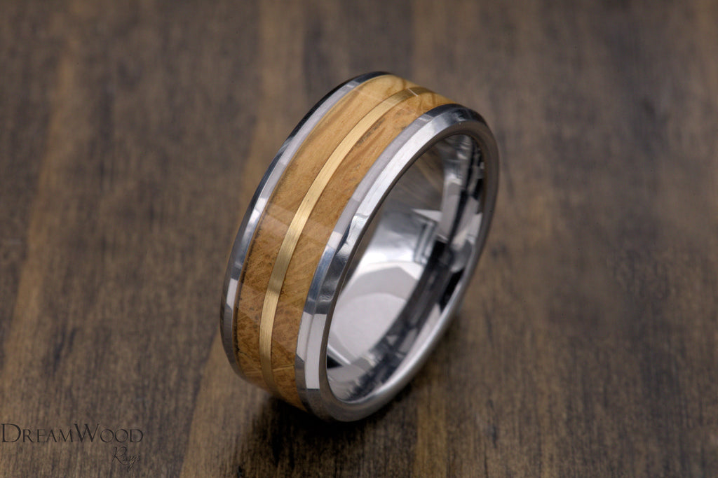 Whiskey Barrel Wood Ring with 14k Gold Inlay - DreamWood Custom