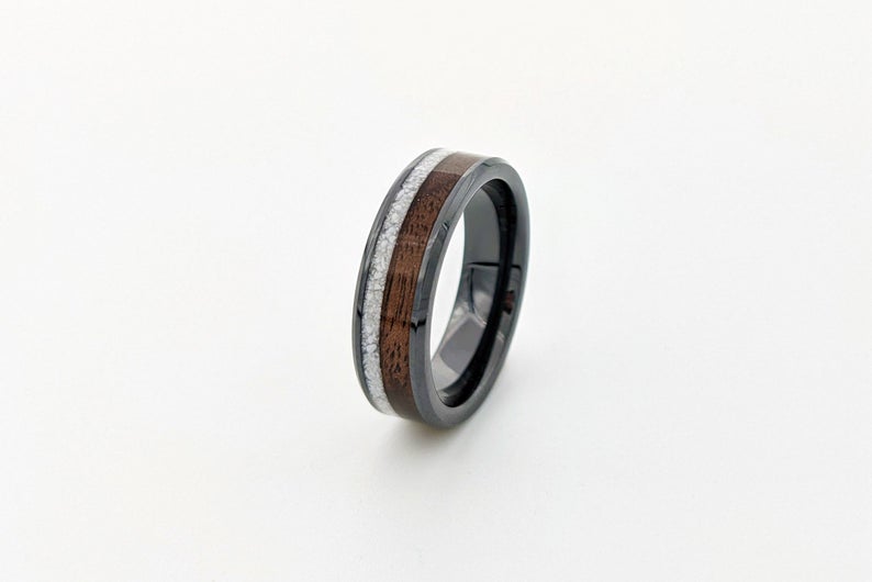 The Mystic Reverie - Black Ceramic & Walnut Wood Ring with Howlite Inlay - DreamWood Custom
