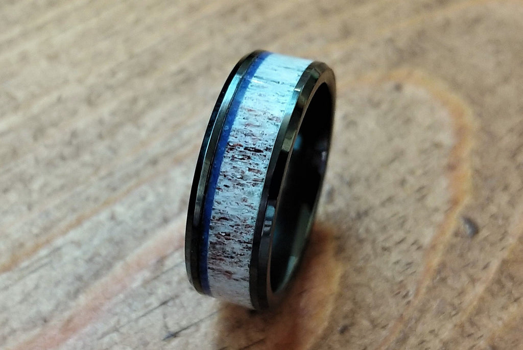 Black Ceramic, Elk Antler, & Blue Lapis Lazuli Ring - DreamWood Custom