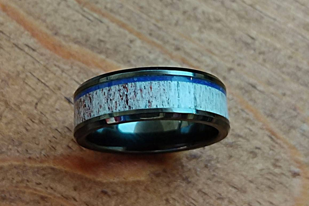 Black Ceramic, Elk Antler, & Blue Lapis Lazuli Ring - DreamWood Custom