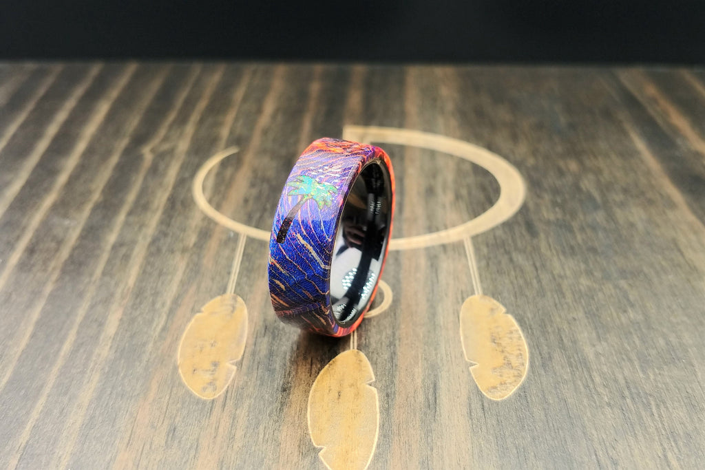 Palm Tree Ring- Box Elder with Red, Blue, & Orange - DreamWood Custom