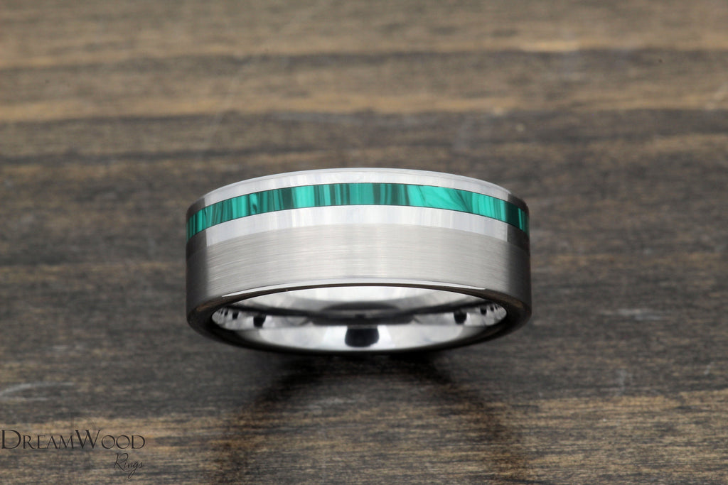 Malachite Mirage Tungsten Ring: Brushed and Shiny Finish, 8mm Width - DreamWood Custom