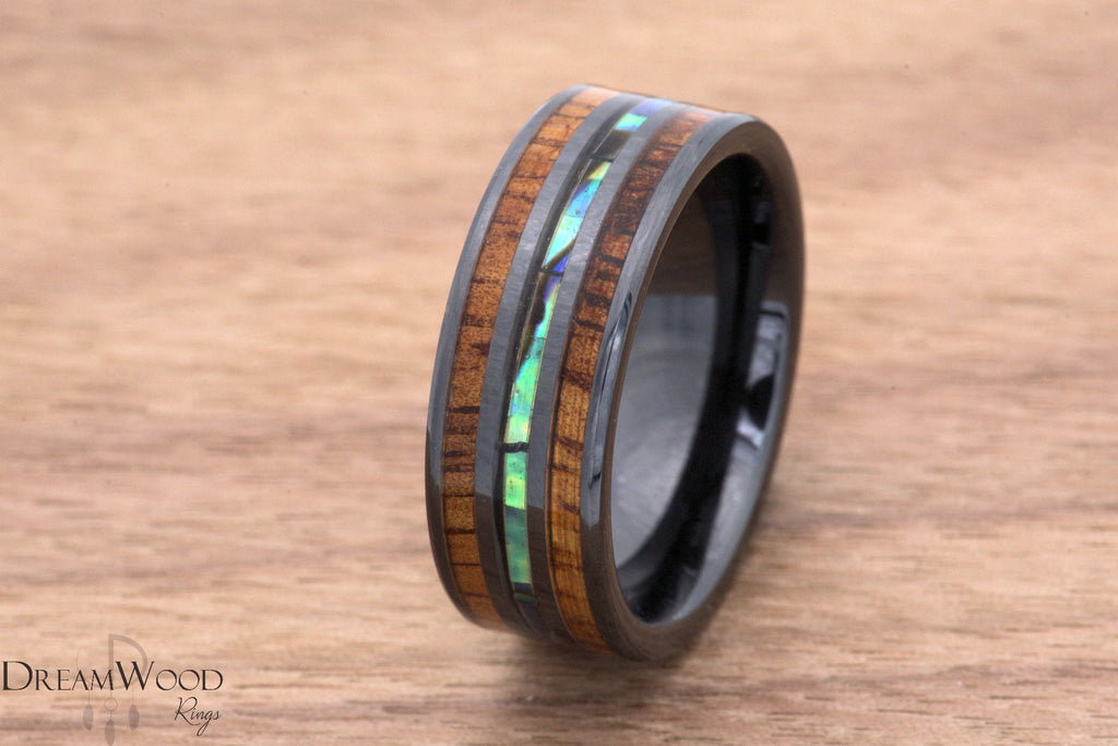 Koa Wood Abalone ring - Ceramic Ring - DreamWood Custom