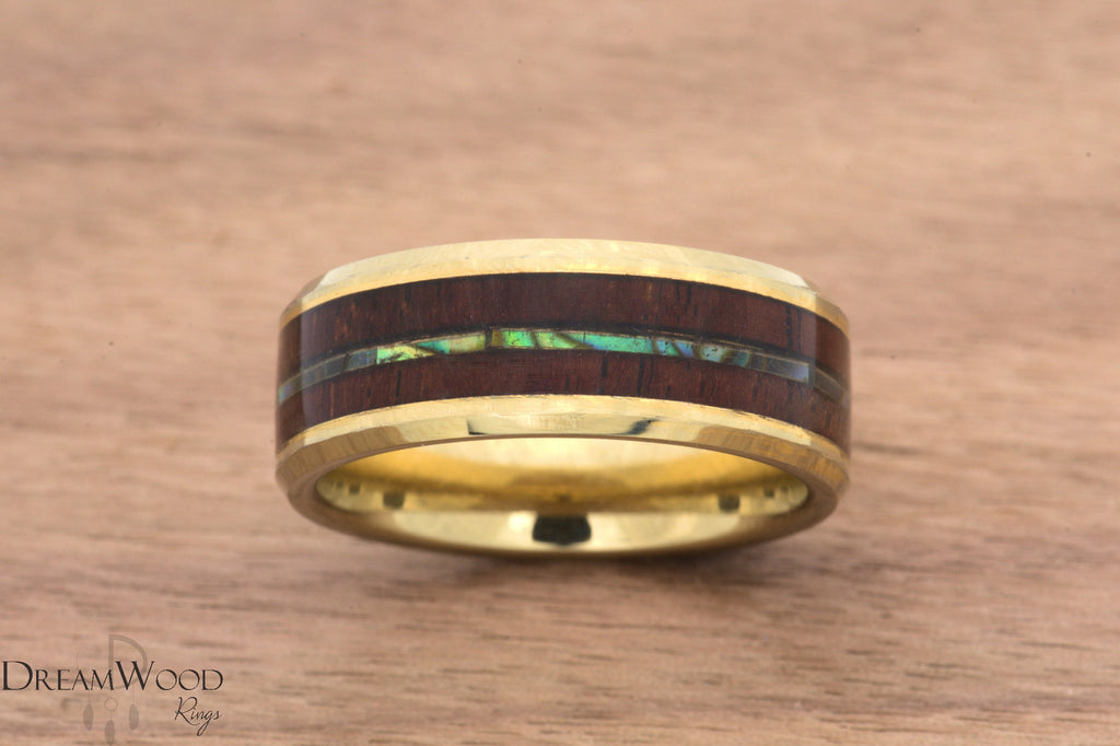 Koa Wood Abalone ring - Gold Tungsten - DreamWood Custom
