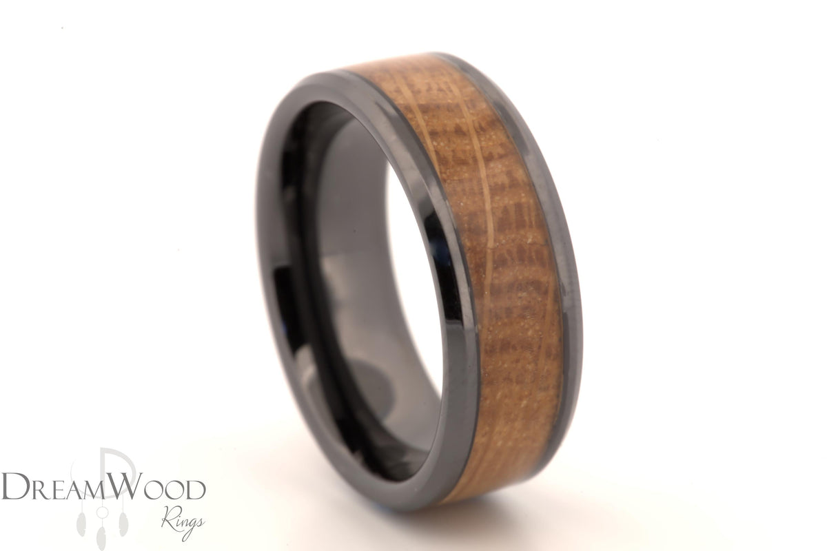 Black Ceramic Ring with Jack Daniels Whiskey Barrel Inlay – 8mm Men’s Wedding Band