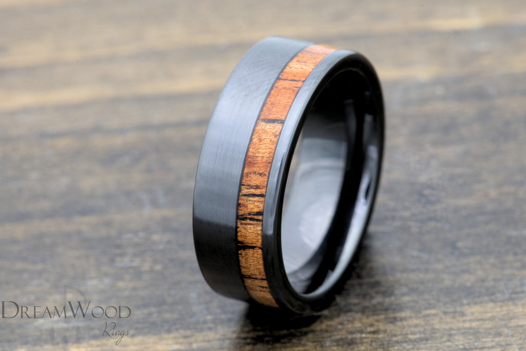Black Ceramic and Koa Wood ring - DreamWood Custom