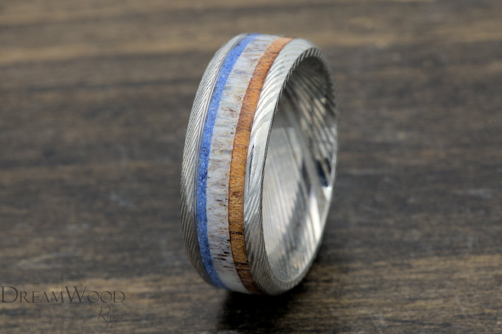 The Azure Expedition - Damascus Steel Ring with Lapis, Antler, and Koa Wood Inlay