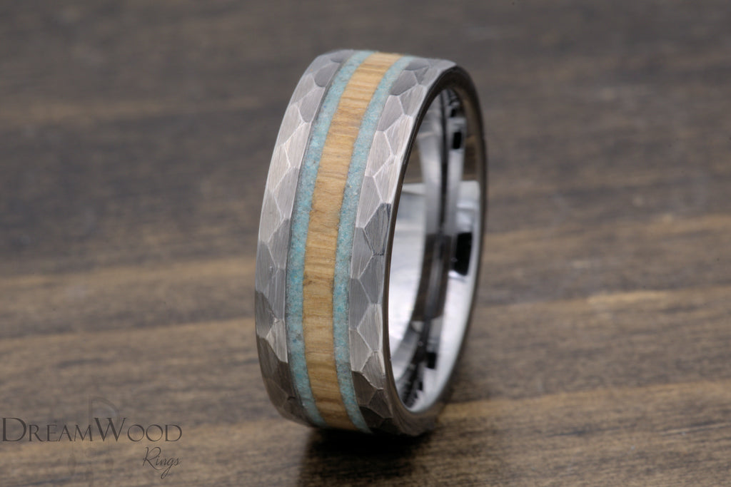 Bourbon Breeze - Hammered Tungsten Ring with Whiskey Wood and Turquoise Trails - DreamWood Custom