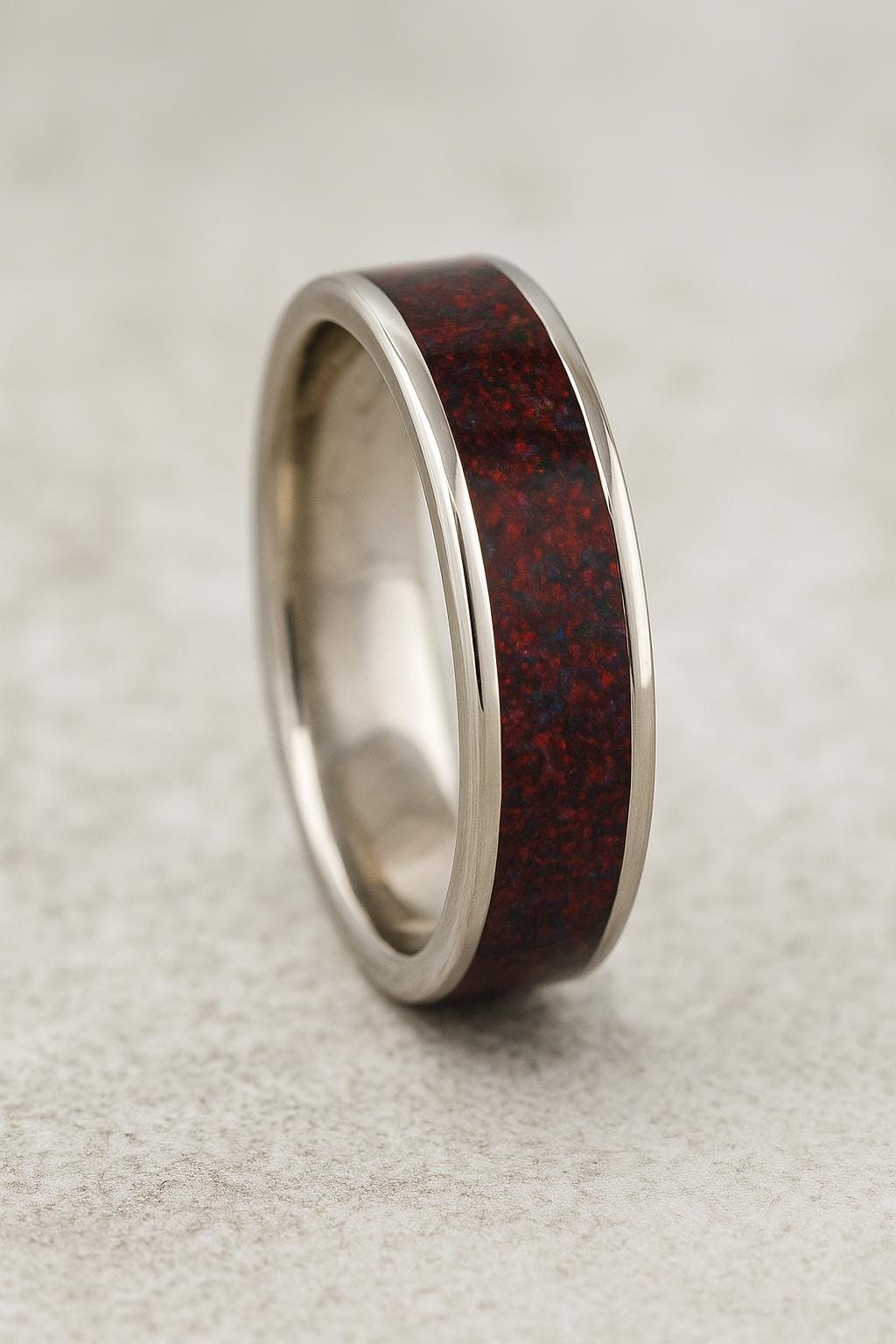 Titanium Ring with Dark Red Opal Inlay • 6 mm Polished Band
