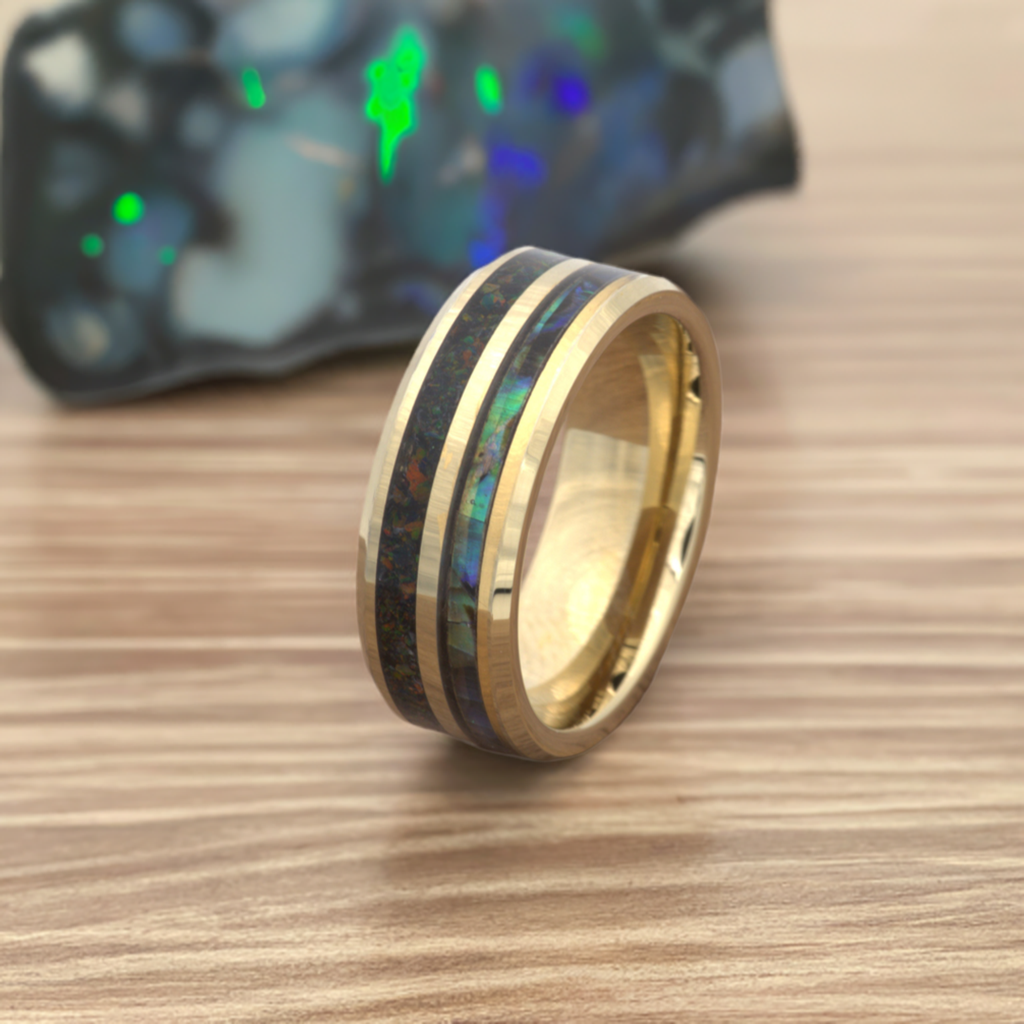 Abalone and Opal ring - Gold Tungsten