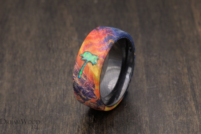 Palm Tree Ring- Box Elder with Red, Blue, & Orange - DreamWood Custom