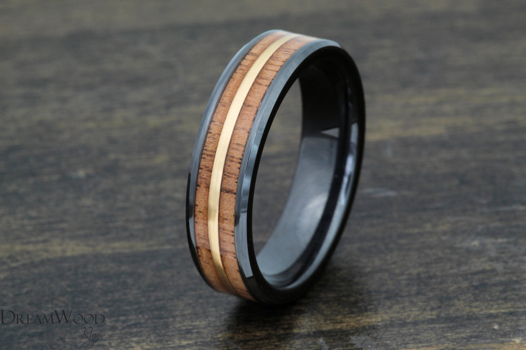 Black Ceramic and Walnut Wood Ring with 14k Gold Inlay - DreamWood Custom