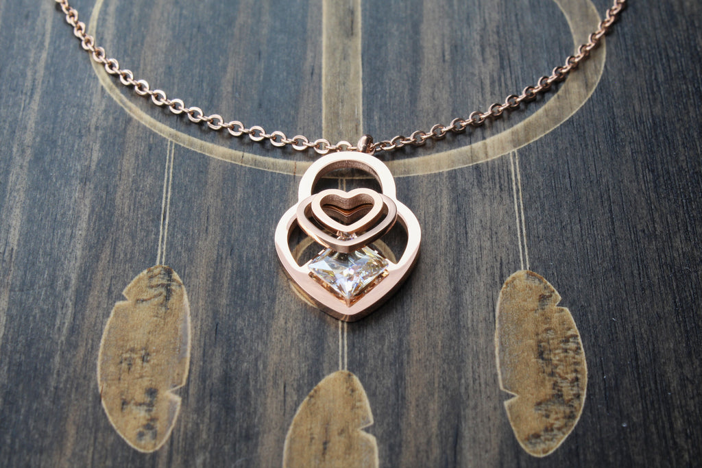 Overlapping Hearts and Stone - Rose Gold Necklace
