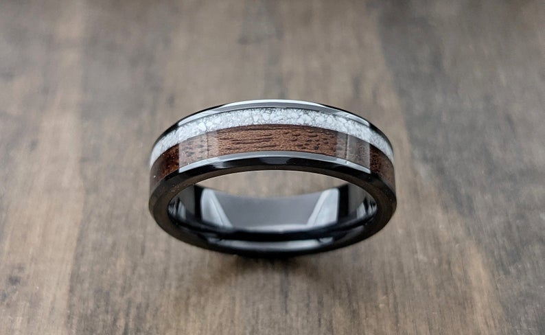 The Mystic Reverie - Black Ceramic & Walnut Wood Ring with Howlite Inlay - DreamWood Custom