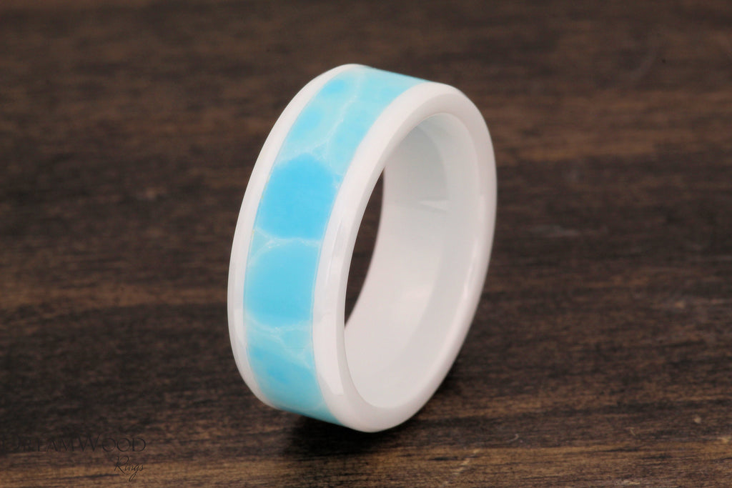 Larimar Stone Ring | Ceramic Wedding Band | 4mm 6mm or 8mm | White Ceramic Ring