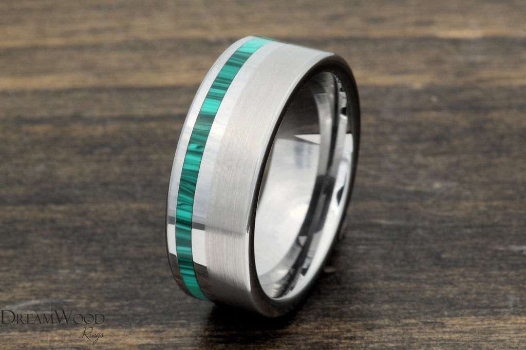 Malachite Mirage Tungsten Ring: Brushed and Shiny Finish, 8mm Width