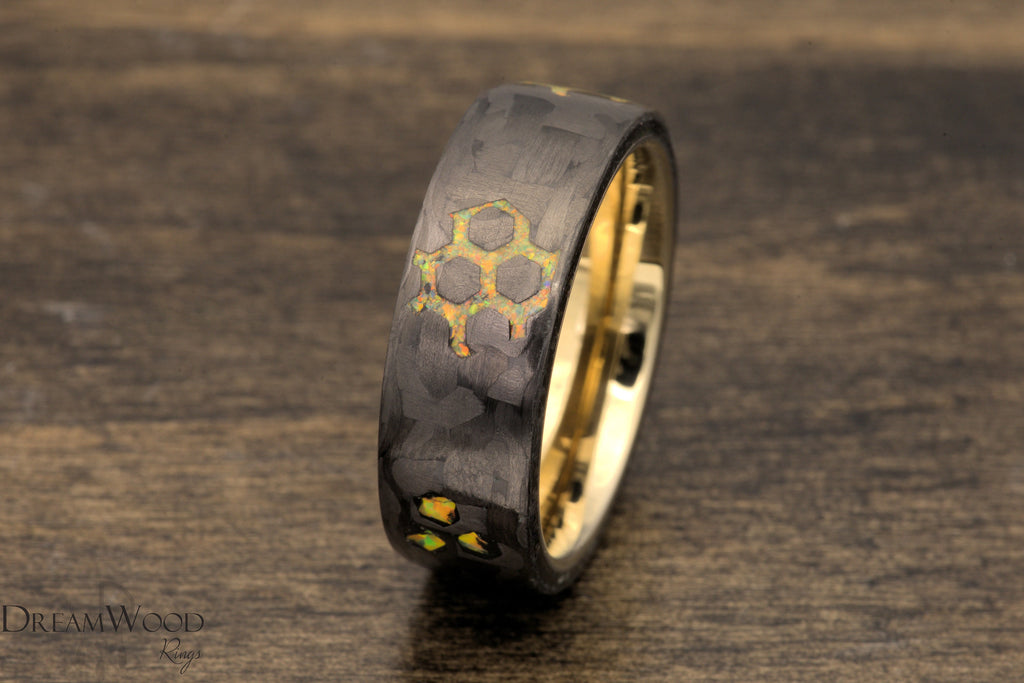 Tungsten and Carbon Fiber | Honeycomb scattered design | Gold Opal - DreamWood Custom