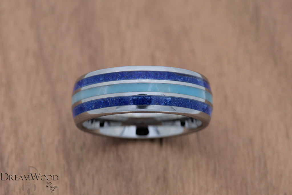 Larimar ring | Lapis ring | Tungsten wedding band | 8mm ring