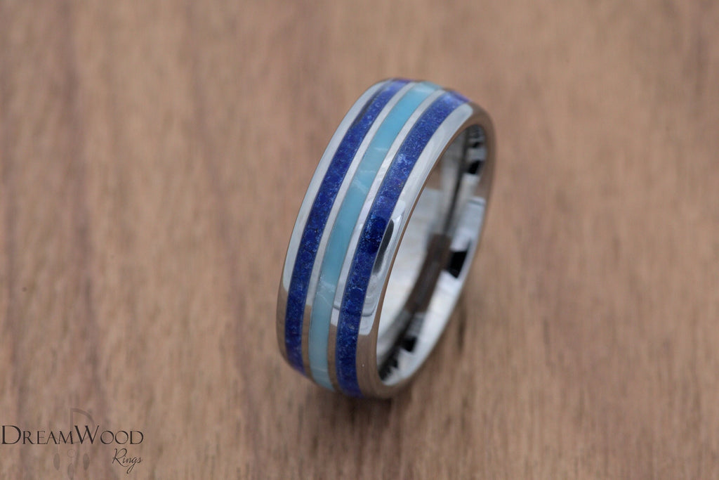 Larimar ring | Lapis ring | Tungsten wedding band | 8mm ring
