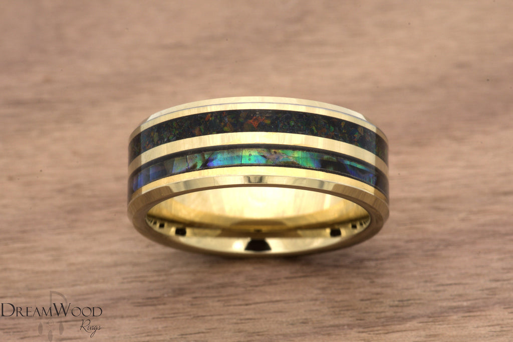 Abalone and Opal ring - Gold Tungsten - DreamWood Custom