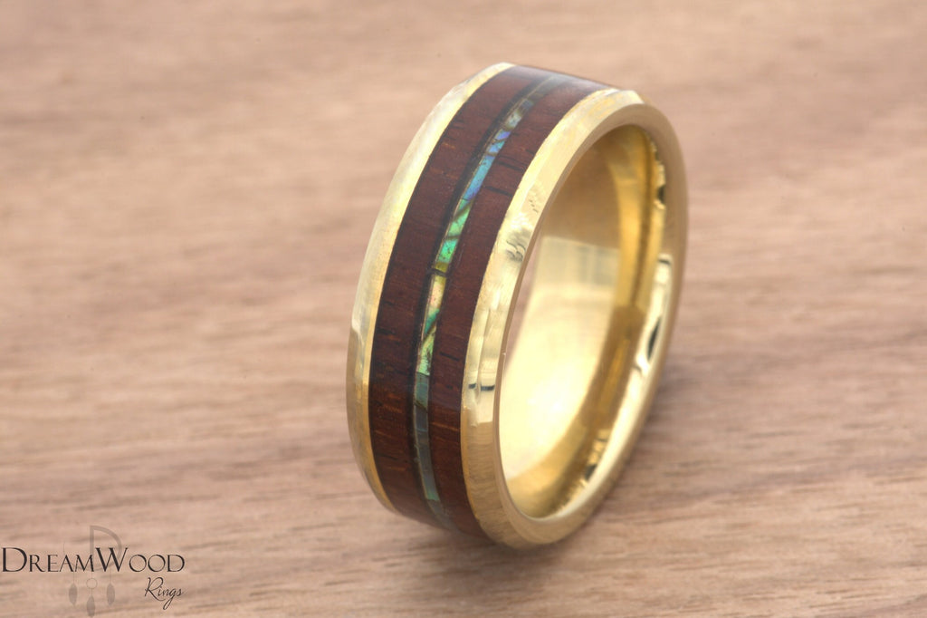 Koa Wood Abalone ring - Gold Tungsten - DreamWood Custom