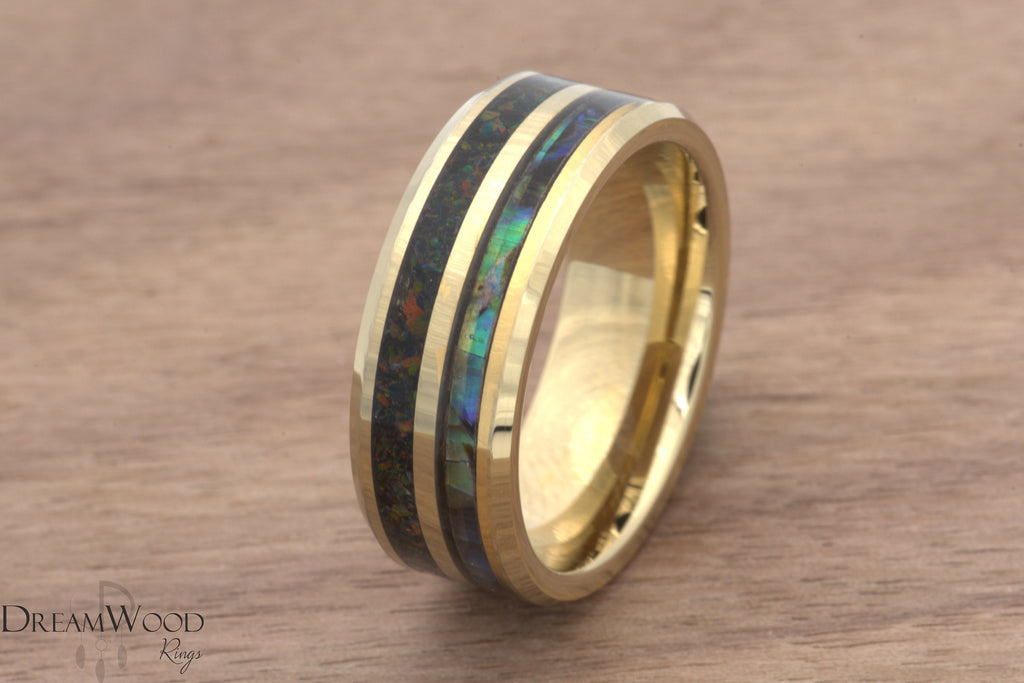 Abalone and Opal ring - Gold Tungsten