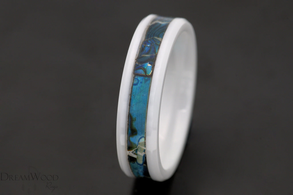 Blue Abalone Shell Ring - Ceramic Wedding Band - DreamWood Custom