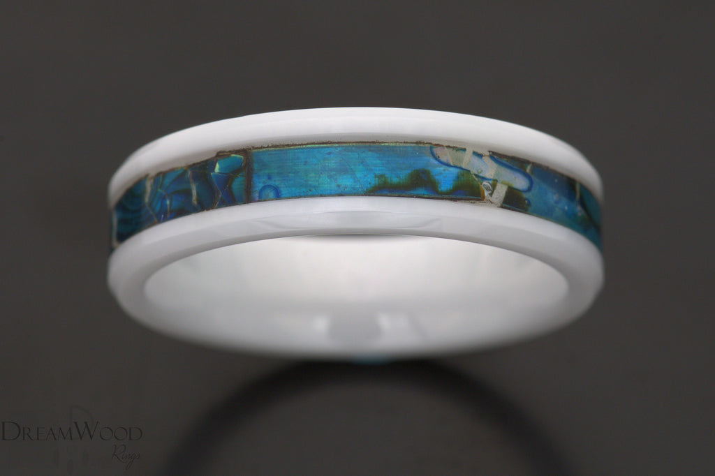 Blue Abalone Shell Ring - Ceramic Wedding Band