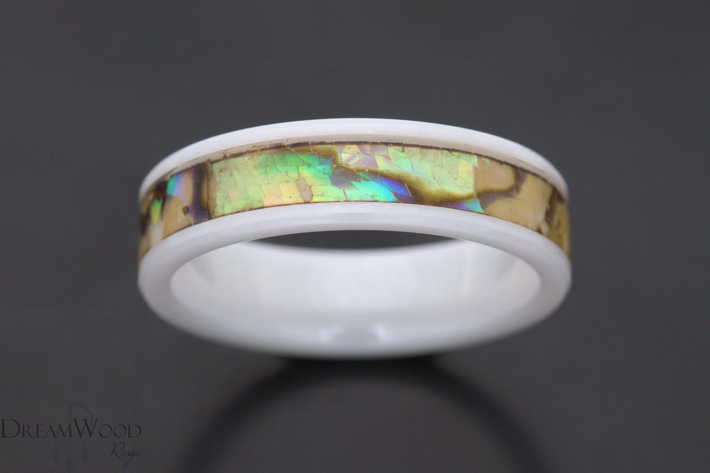 Cream Abalone Shell Ring - Ceramic Wedding Band - DreamWood Custom