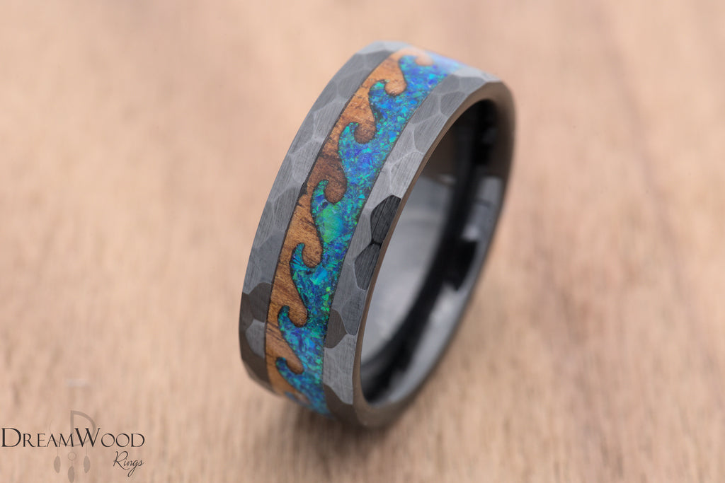 Koa Wood Hawaiian Waves on Black Ceramic Ring - DreamWood Custom